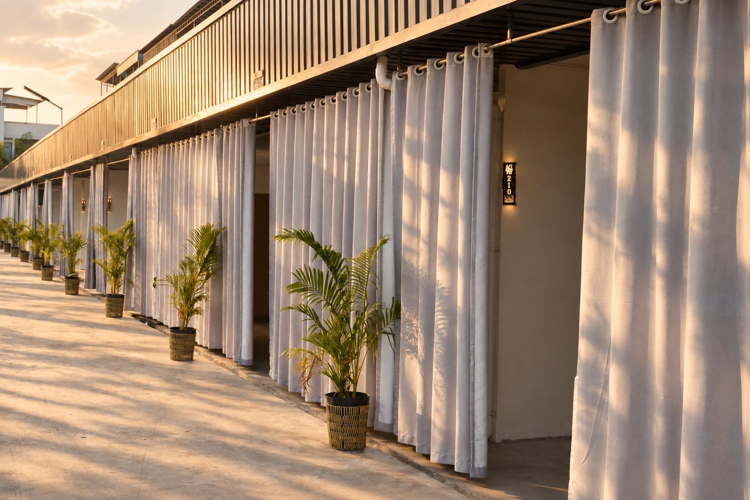 Sunlit guest-room walkway